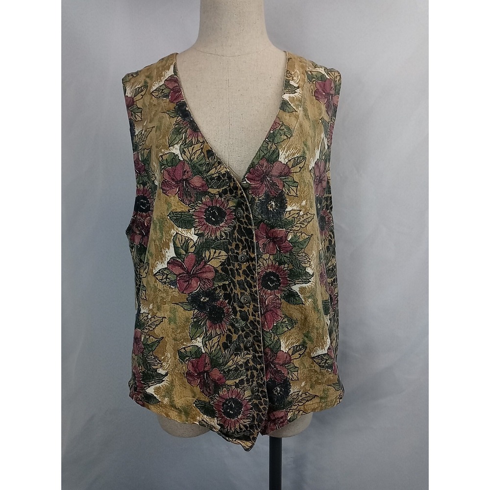 VTG Northwest Blue Denim Floral Vest Women's Large Animal Print 90s Fashion Vest